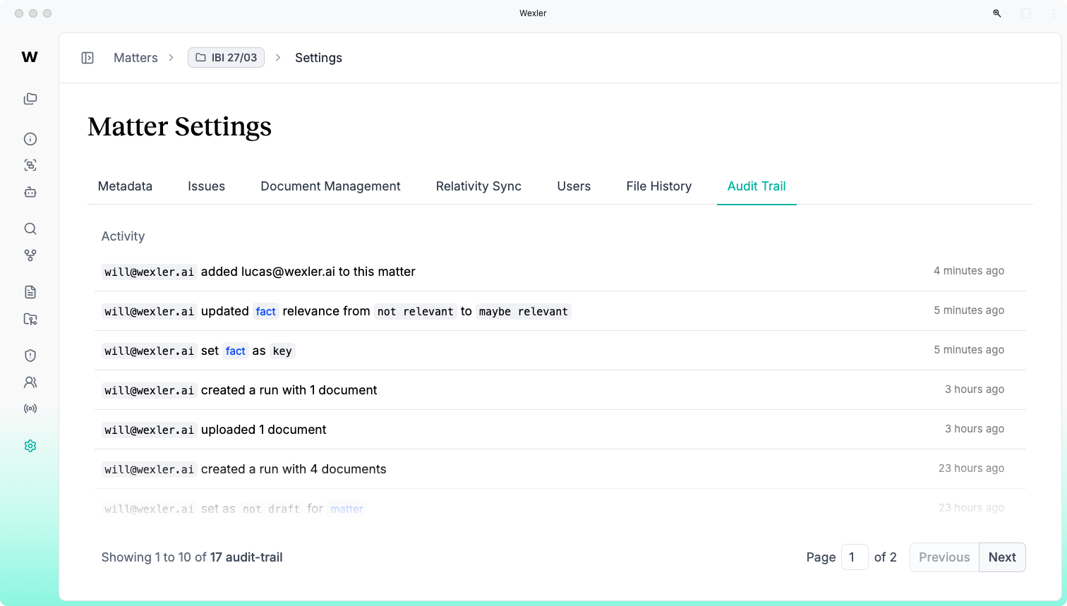 Matter Settings Audit Trail